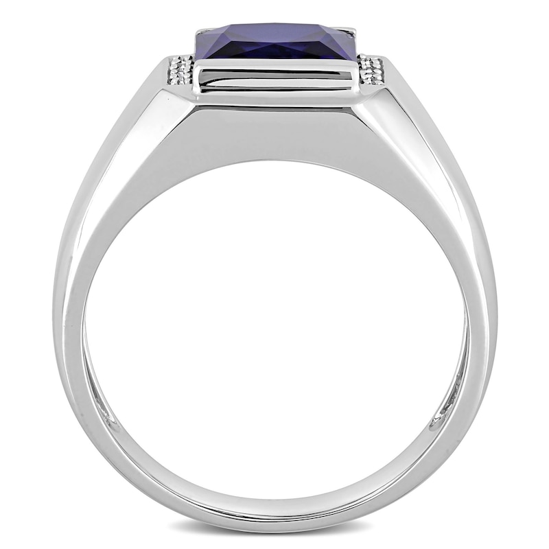 Men's 8.0mm Square Blue Lab-Created Sapphire and 0.05 CT. T.W. Diamond Collar Signet Ring in 10K White Gold|Peoples Jewellers