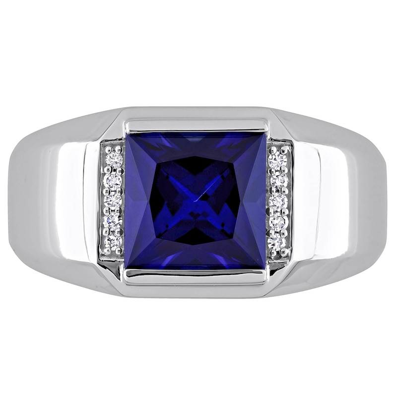 Main Image 4 of Men's 8.0mm Square Blue Lab-Created Sapphire and 0.05 CT. T.W. Diamond Collar Signet Ring in 10K White Gold