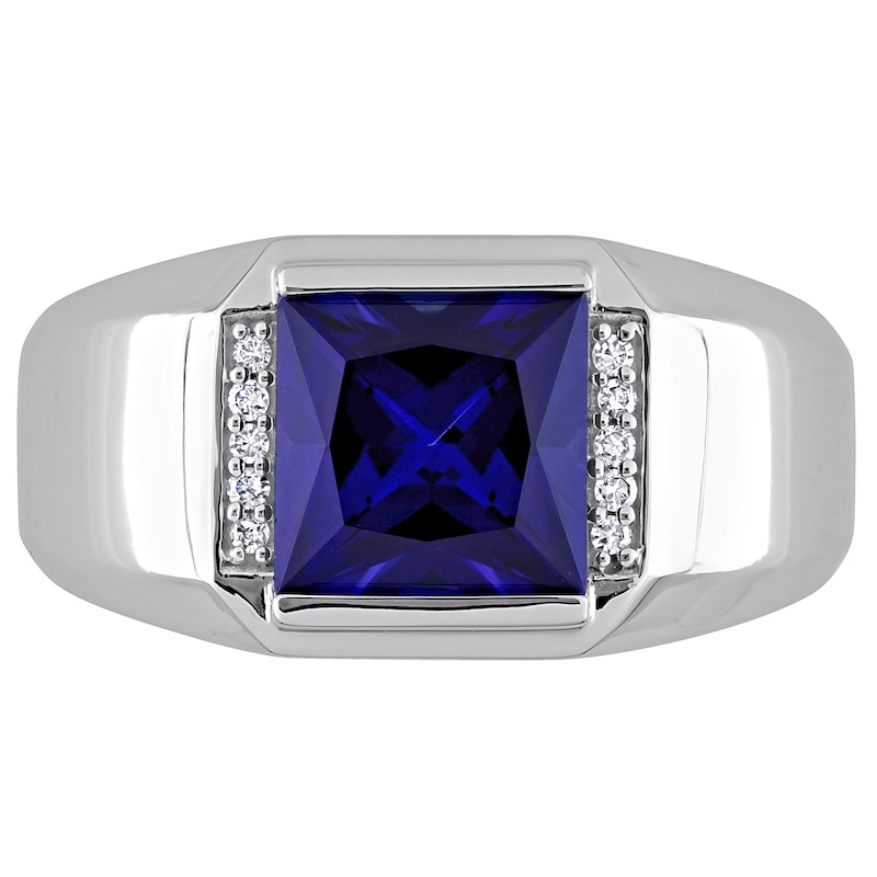 Men's 8.0mm Square Blue Lab-Created Sapphire and 0.05 CT. T.W. Diamond Collar Signet Ring in 10K White Gold|Peoples Jewellers