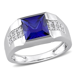 Men's 8.0mm Square Blue and White Lab-Created Sapphire Drop Side Accent Signet Ring in 10K White Gold