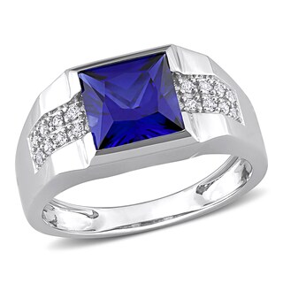 Men's 8.0mm Square Blue and White Lab-Created Sapphire Drop Side Accent Signet Ring in 10K White Gold