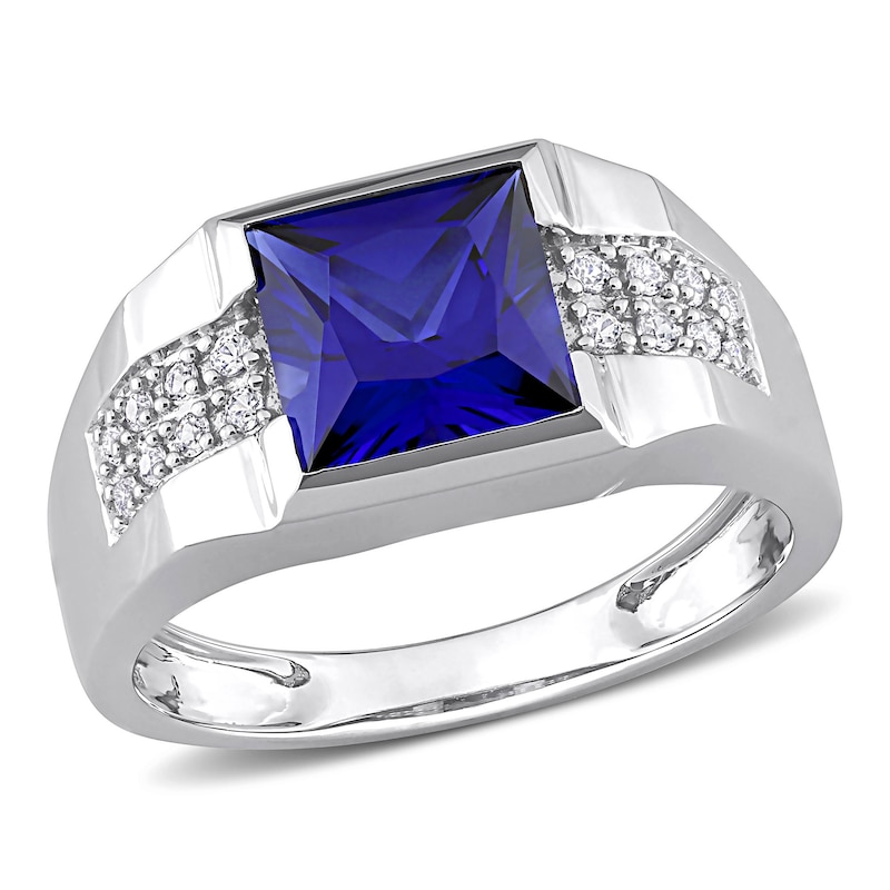 Main Image 1 of Men's 8.0mm Square Blue and White Lab-Created Sapphire Drop Side Accent Signet Ring in 10K White Gold