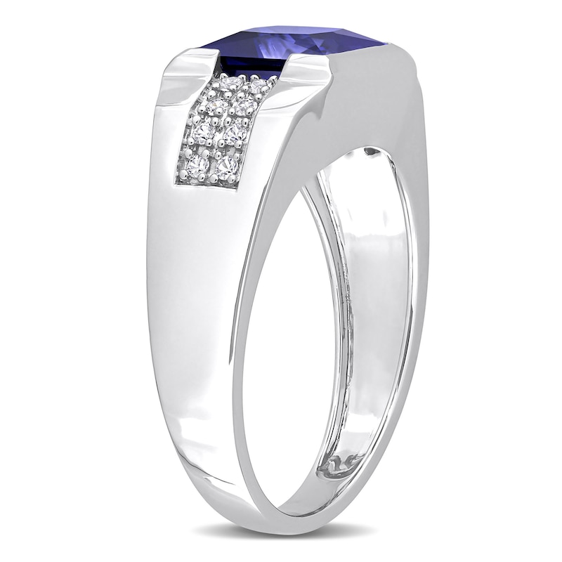 Men's 8.0mm Square Blue and White Lab-Created Sapphire Drop Side Accent Signet Ring in 10K White Gold