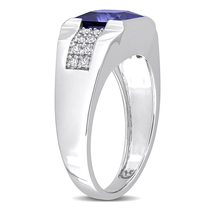 Main Image 2 of Men's 8.0mm Square Blue and White Lab-Created Sapphire Drop Side Accent Signet Ring in 10K White Gold