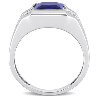 Men's 8.0mm Square Blue and White Lab-Created Sapphire Drop Side Accent Signet Ring in 10K White Gold