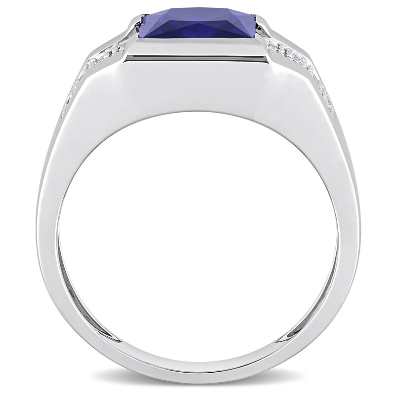 Men's 8.0mm Square Blue and White Lab-Created Sapphire Drop Side Accent Signet Ring in 10K White Gold