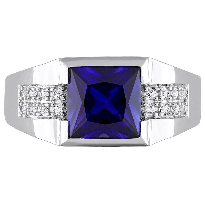 Men's 8.0mm Square Blue and White Lab-Created Sapphire Drop Side Accent Signet Ring in 10K White Gold