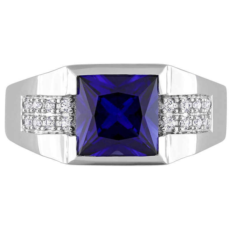 Main Image 4 of Men's 8.0mm Square Blue and White Lab-Created Sapphire Drop Side Accent Signet Ring in 10K White Gold