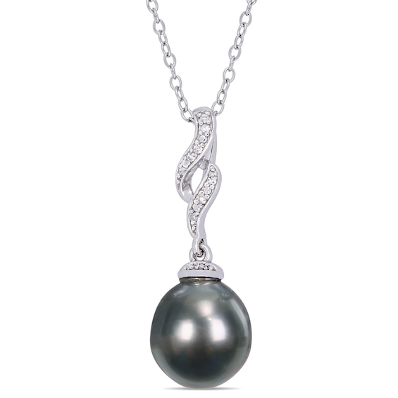 Baroque Black Tahitian Cultured Pearl and Diamond Accent Cascading Flame Drop Pendant in Sterling Silver