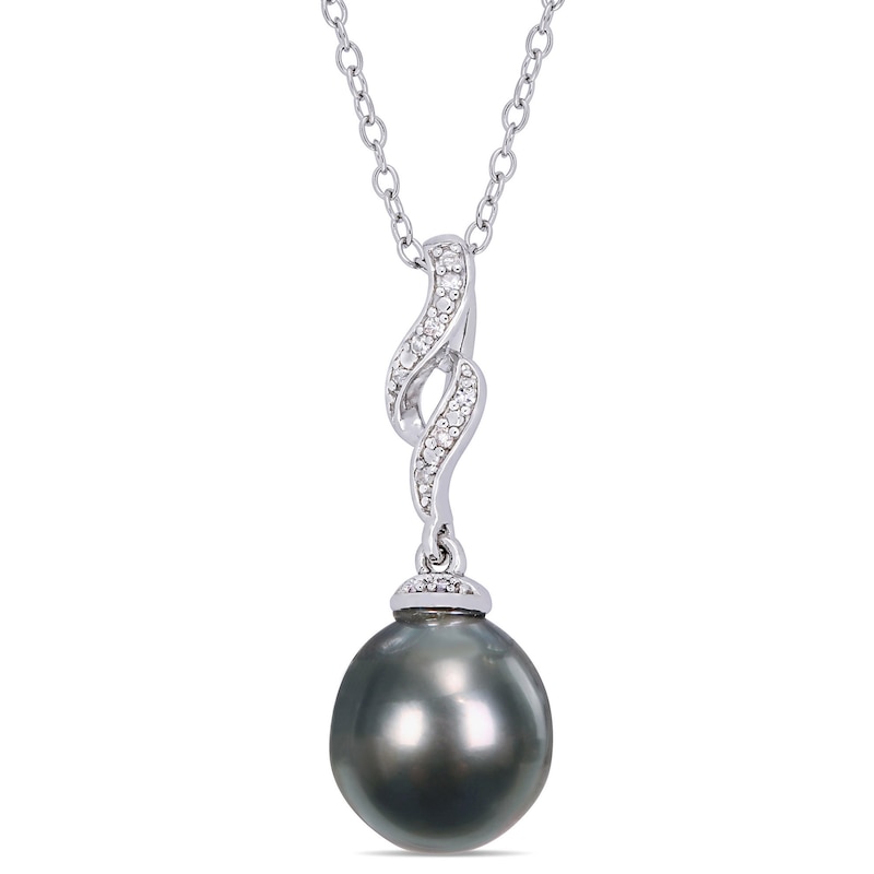 Baroque Black Cultured Tahitian Pearl and Diamond Accent Cascading Flame Drop Pendant in Sterling Silver