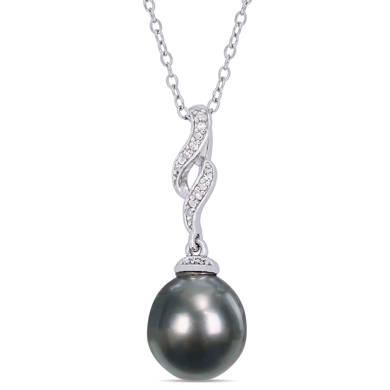 Baroque Black Tahitian Cultured Pearl and Diamond Accent Cascading Flame Drop Pendant in Sterling Silver