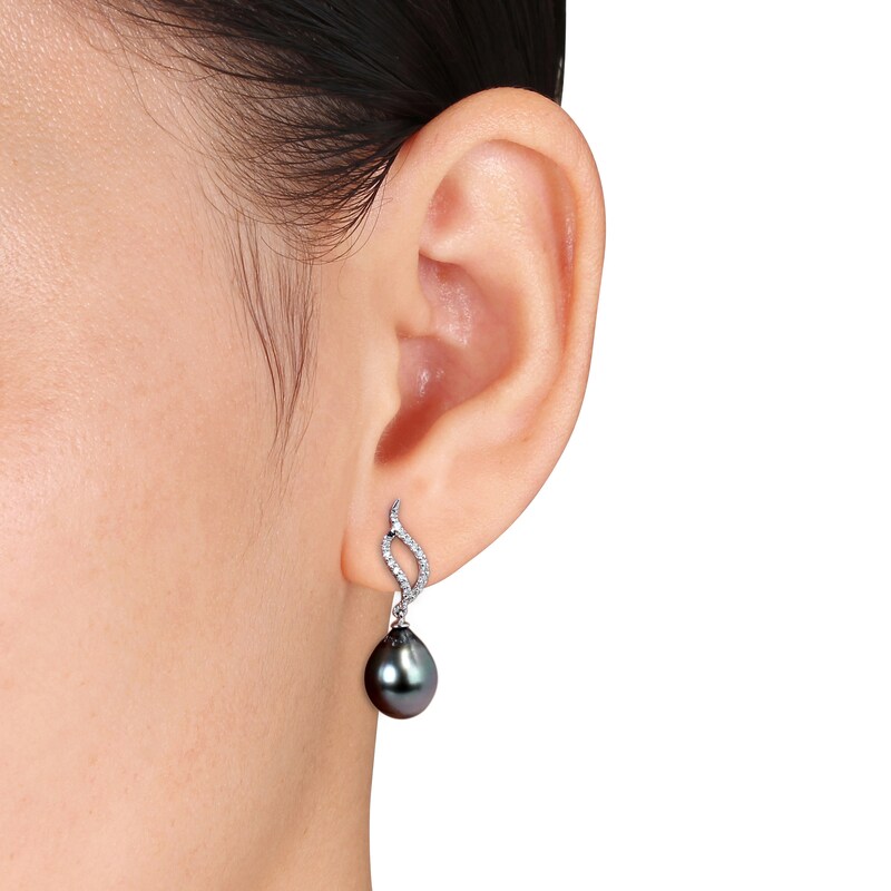 Main Image 2 of 9.0-9.5mm Baroque Black Tahitian Cultured Pearl and 0.11 CT. T.W. Diamond Open Flame Drop Earrings in 10K White Gold