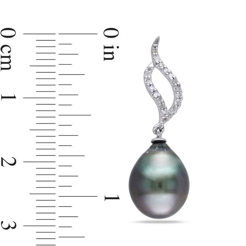 Main Image 3 of 9.0-9.5mm Baroque Black Tahitian Cultured Pearl and 0.11 CT. T.W. Diamond Open Flame Drop Earrings in 10K White Gold