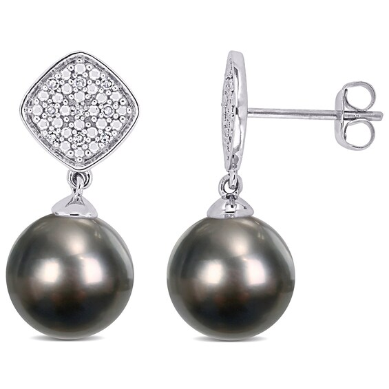 Black Tahitian Cultured Pearl and 0.09 CT. T.W. Cushion-Shaped Multi-Diamond Beaded Drop Earrings in 10K White Gold