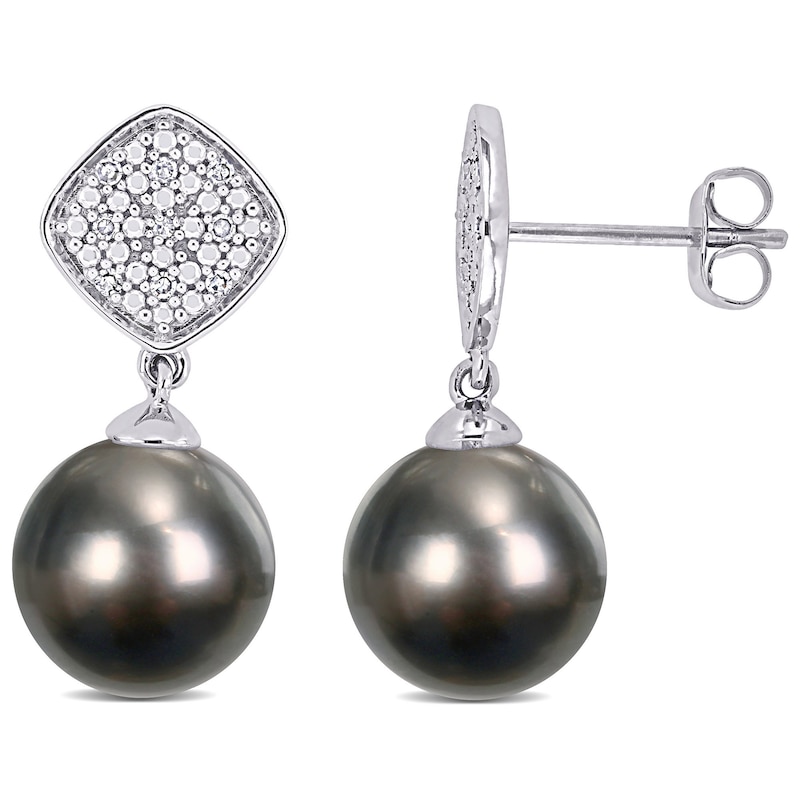 Black Cultured Tahitian Pearl and 0.09 CT. T.W. Cushion-Shaped Multi-Diamond Beaded Drop Earrings in 10K White Gold|Peoples Jewellers