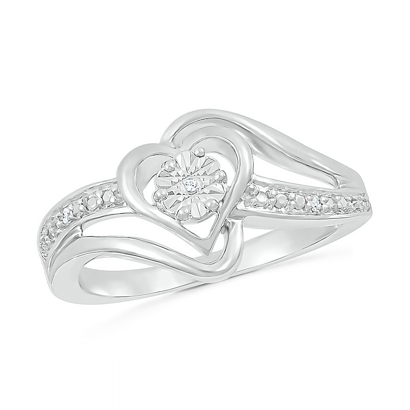 Diamond Accent Heart Split Shank Bypass Ring in Sterling Silver