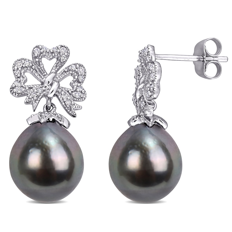 Baroque Black Cultured Tahitian Pearl and 0.15 CT. T.W. Diamond Clover Bow Vintage-Style Drop Earrings in 10K White Gold|Peoples Jewellers