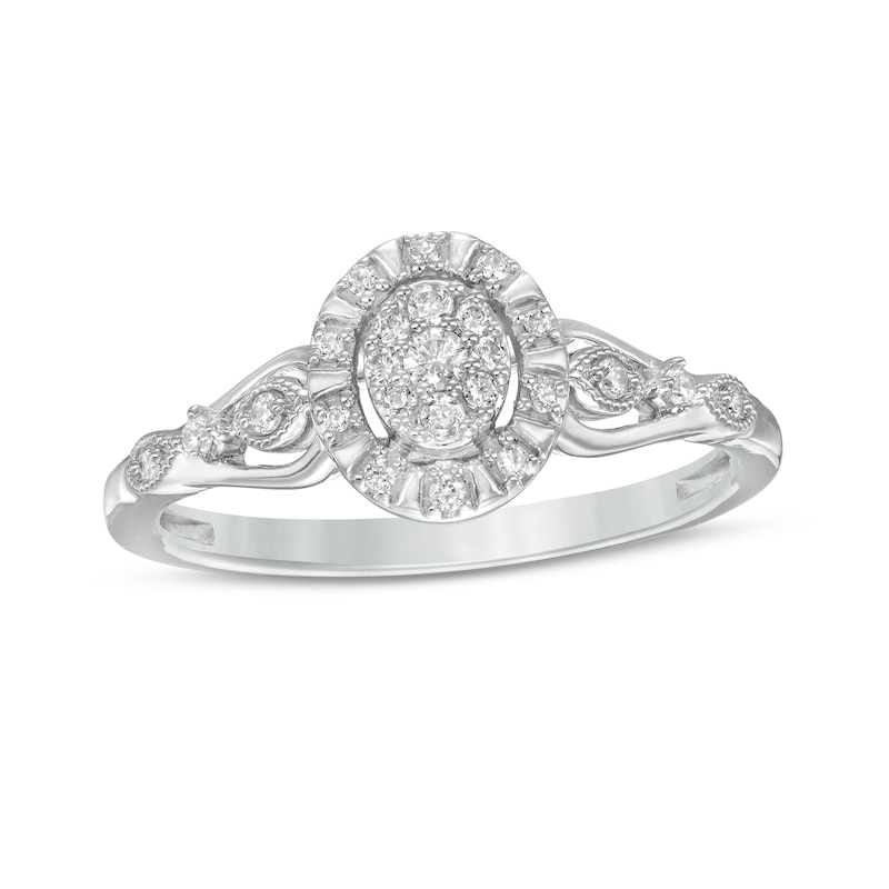 Main Image 1 of 0.16 CT. T.W. Composite Oval Diamond Frame Vintage-Style Promise Ring in 10K White Gold