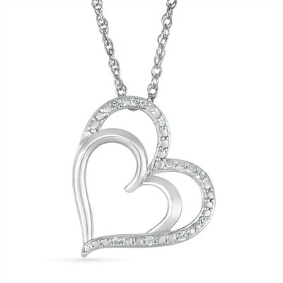 Diamond Accent Tilted Double Heart Outline Pendant in Sterling Silver