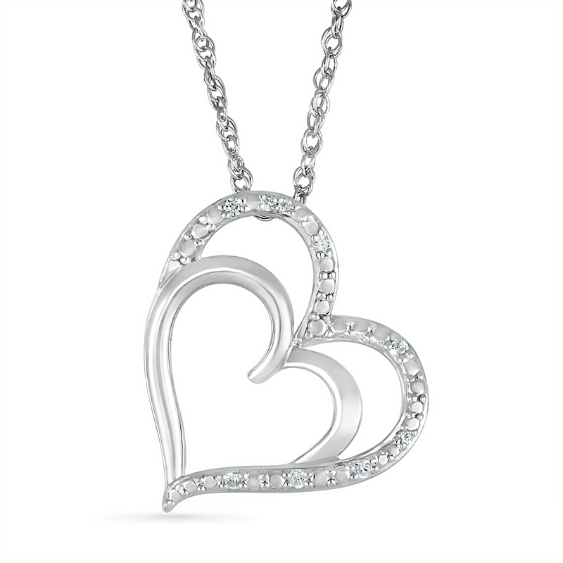 Diamond Accent Tilted Double Heart Outline Pendant in Sterling Silver|Peoples Jewellers