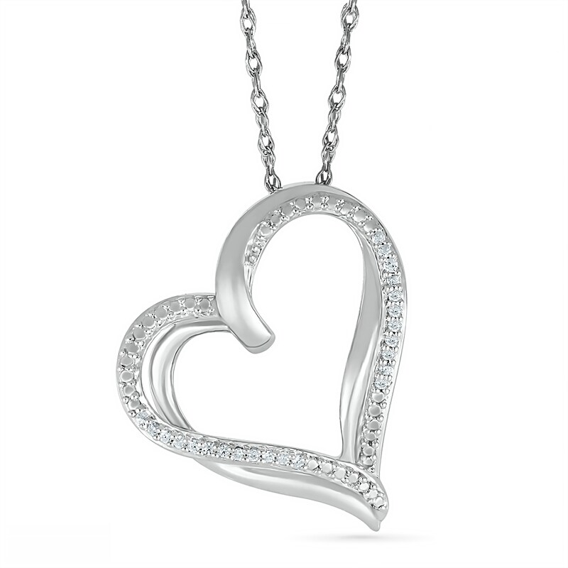 Main Image 1 of 0.066 CT. T.W. Diamond Stacked Tilted Heart Pendant in Sterling Silver