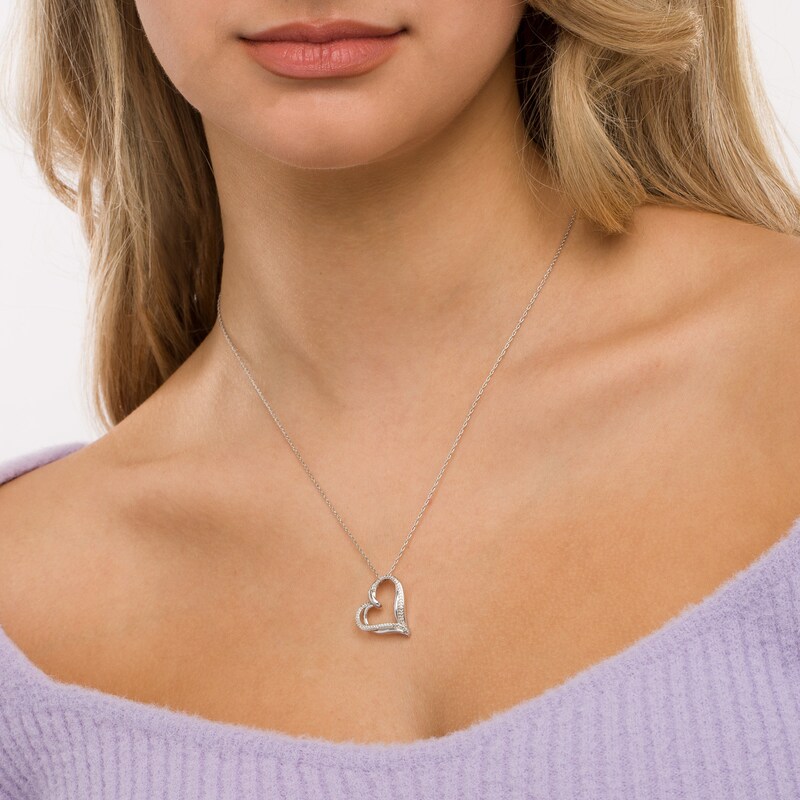 Main Image 2 of 0.066 CT. T.W. Diamond Stacked Tilted Heart Pendant in Sterling Silver