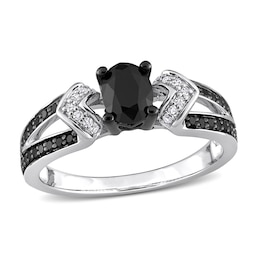 1.02 CT. T.W. Oval Black Enhanced and White Diamond Collar Vintage-Style Split Shank Ring in Sterling Silver