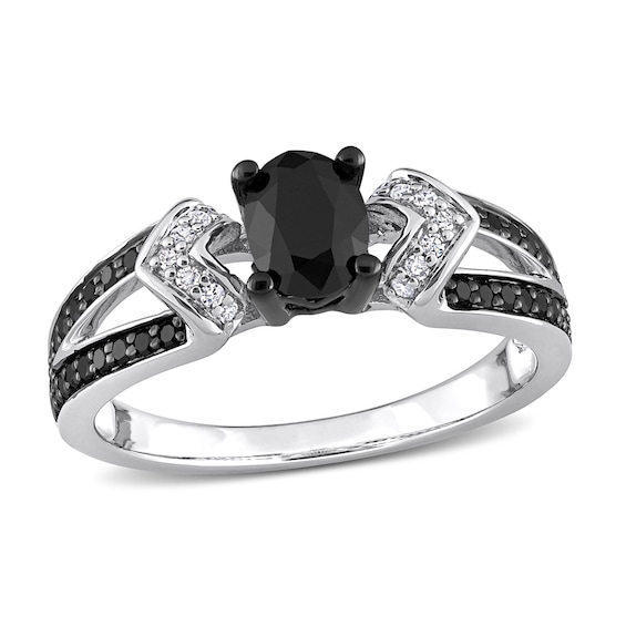 1.02 CT. T.W. Oval Black Enhanced and White Diamond Collar Vintage-Style Split Shank Ring in Sterling Silver