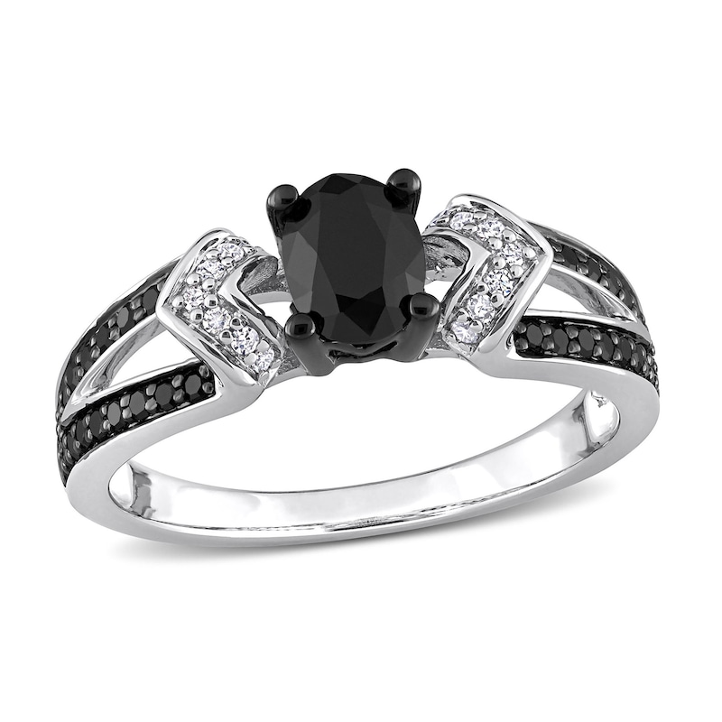 1.02 CT. T.W. Oval Black Enhanced and White Diamond Collar Vintage-Style Split Shank Ring in Sterling Silver