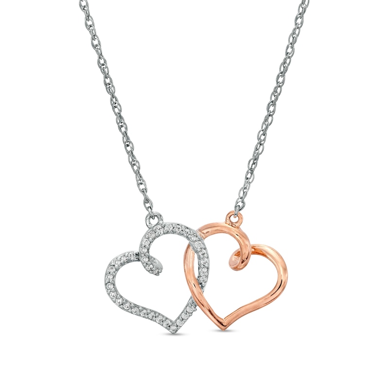 0.085 CT. T.W. Diamond Interlocking Heart Necklace in Sterling Silver and 10K Rose Gold
