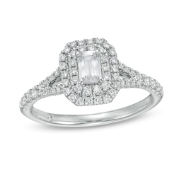 Emmy London 0.80 CT. T.W. Certified Emerald-Cut Diamond Double Frame Engagement Ring in 18K White Gold (F/VS2)