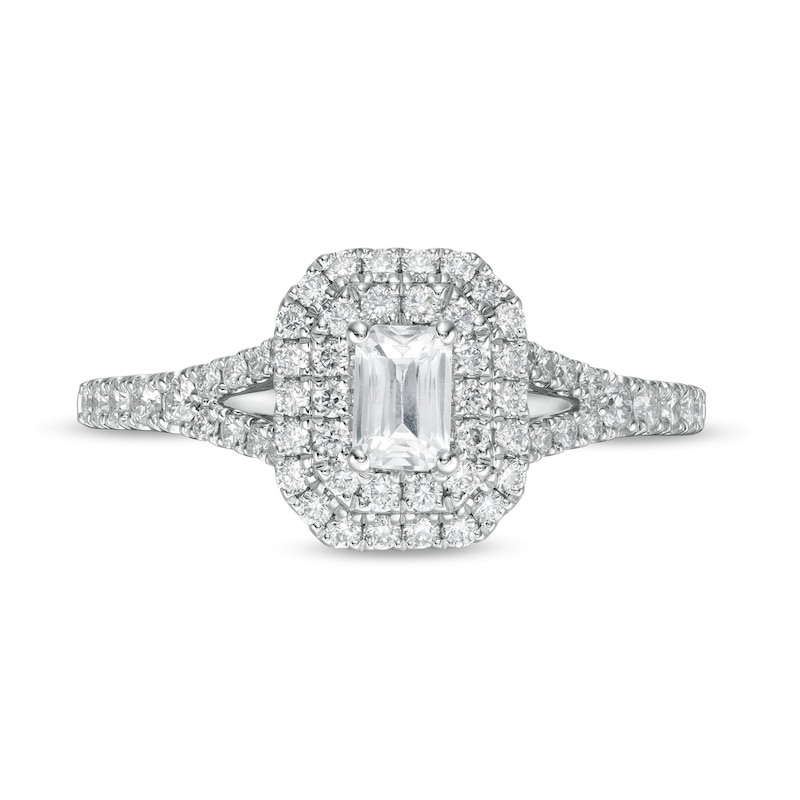 Emmy London 0.80 CT. T.W. Certified Emerald-Cut Diamond Double Frame Engagement Ring in 18K White Gold (F/VS2)