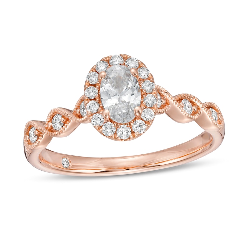 Emmy London 0.60 CT. T.W. Certified Oval Diamond Frame Vintage-Style Engagement Ring in 18K Rose Gold (F/VS2)