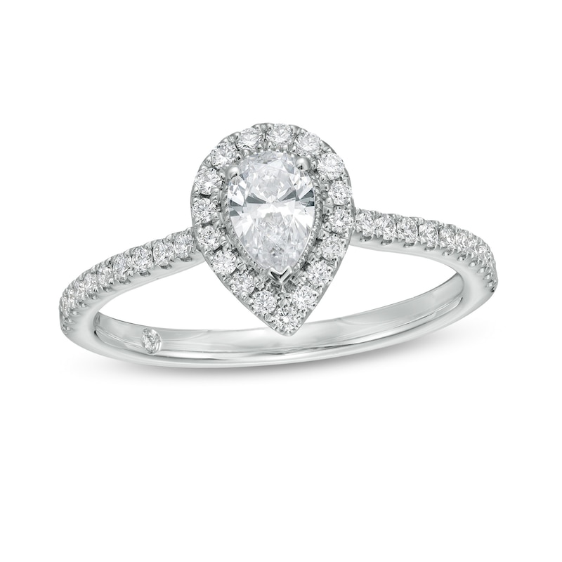Emmy London 0.60 CT. T.W. Certified Pear-Shaped Diamond Frame Engagement Ring in 18K White Gold (F/VS2)|Peoples Jewellers
