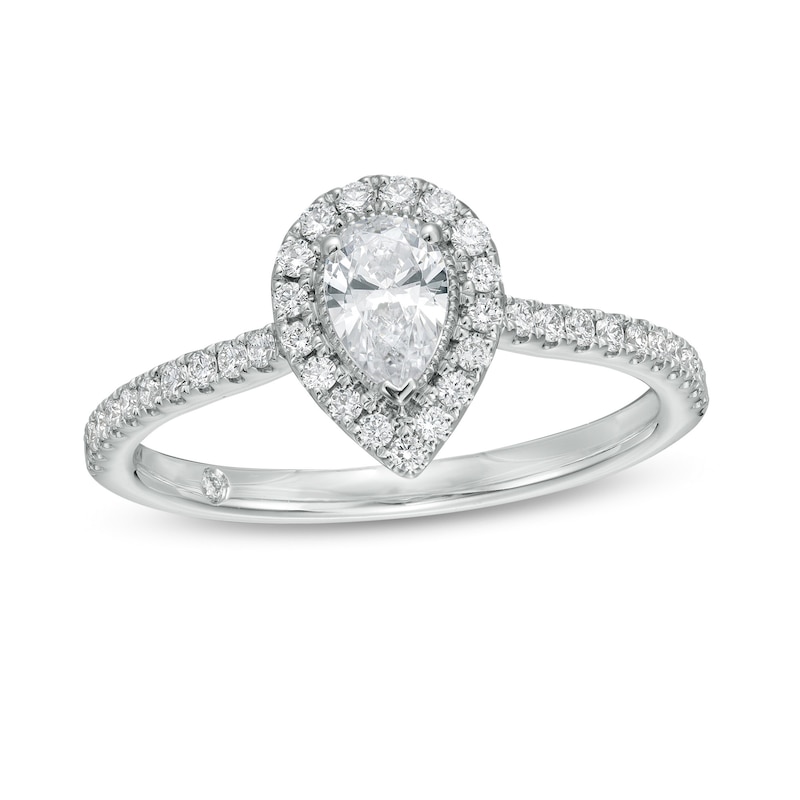 Emmy London 0.60 CT. T.W. Certified Pear-Shaped Diamond Frame Engagement Ring in 18K White Gold (F/VS2)