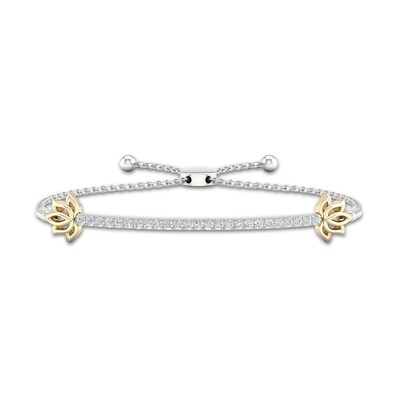 By Women for Women 0.25 CT. T.W. Diamond Lotus Flower Bar Bolo Bracelet in Sterling Silver and 10K Gold – 9.5"
