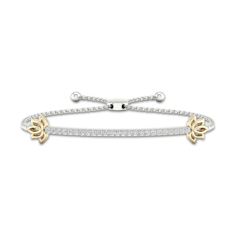 By Women for Women 0.25 CT. T.W. Diamond Lotus Flower Bar Bolo Bracelet in Sterling Silver and 10K Gold – 9.5"
