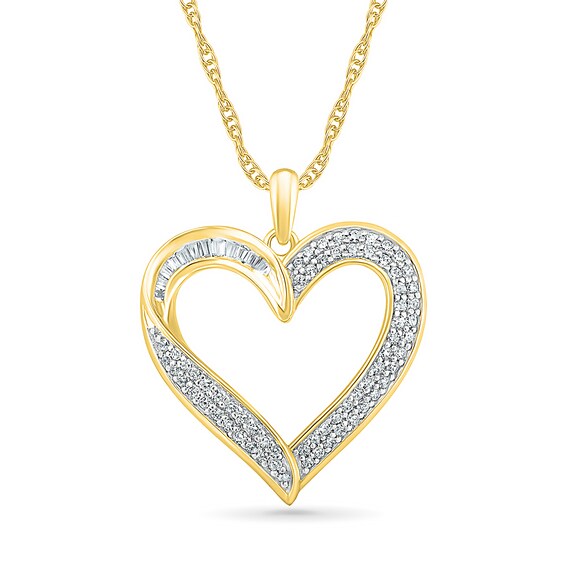 0.45 CT. T.W. Baguette and Round Diamond Ribbon Heart Pendant in 10K Gold