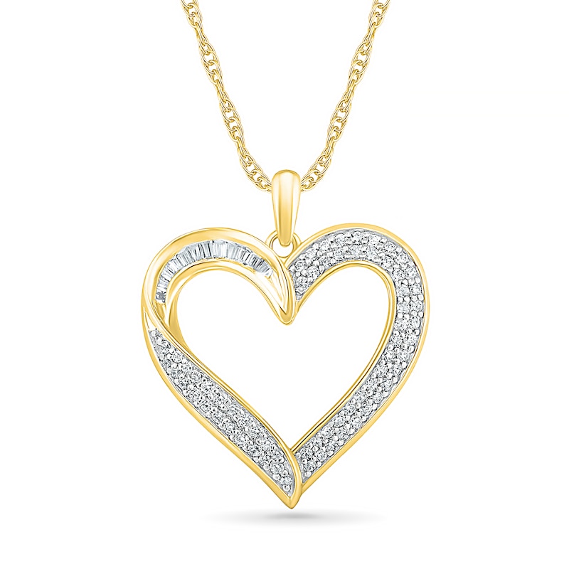 0.45 CT. T.W. Baguette and Round Diamond Ribbon Heart Pendant in 10K Gold