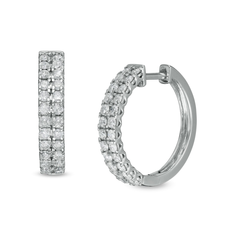 Main Image 1 of 0.95 CT. T.W. Diamond Double Row Hoop Earrings in 10K White Gold
