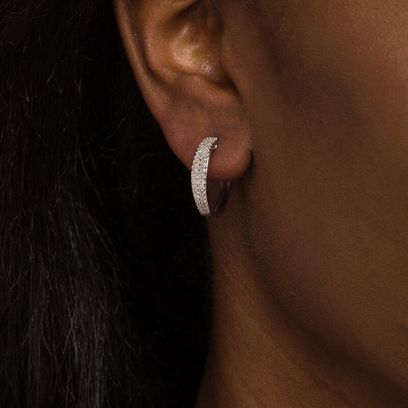 Main Image 2 of 0.45 CT. T.W. Diamond Double Row Hoop Earrings in 10K White Gold