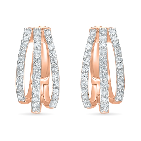 0.95 CT. T.W. Diamond Split Triple Row Hoop Earrings in 10K Rose Gold