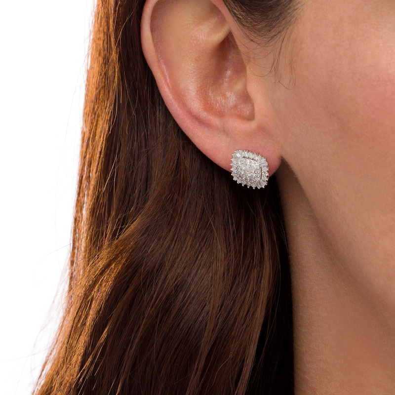 Main Image 2 of 1.00 CT. T.W. Composite Cushion-Shaped Diamond Frame Stud Earrings in 10K White Gold