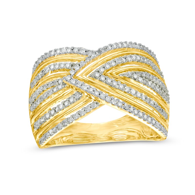 0.45 CT. T.W. Diamond Chevron Pattern Multi-Row Crossover Ring in 10K Gold