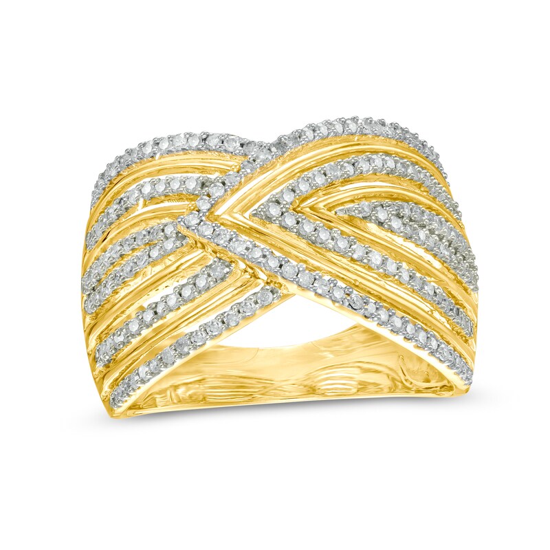 0.45 CT. T.W. Diamond Chevron Pattern Multi-Row Crossover Ring in 10K Gold