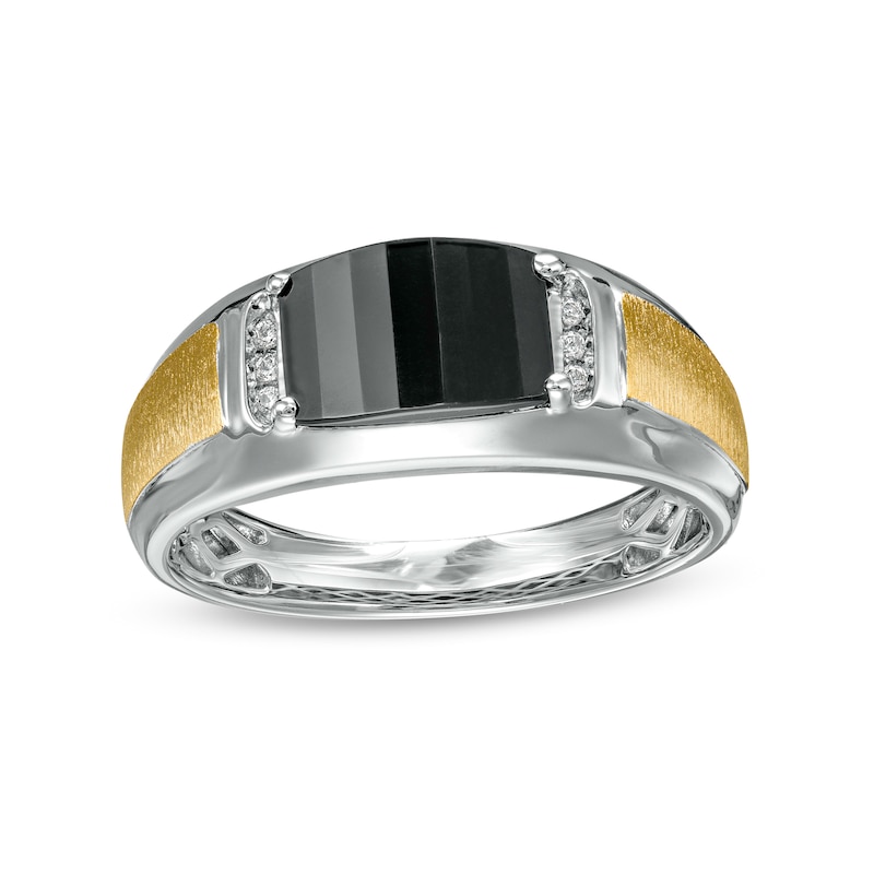 Men's Baguette Black Faceted Onyx and Diamond Accent Ring in Sterling Silver and 14K Gold Plate|Peoples Jewellers