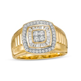 Men's 0.70 CT. T.W. Quad Diamond Double Frame Ribbed Ring in 10K Gold