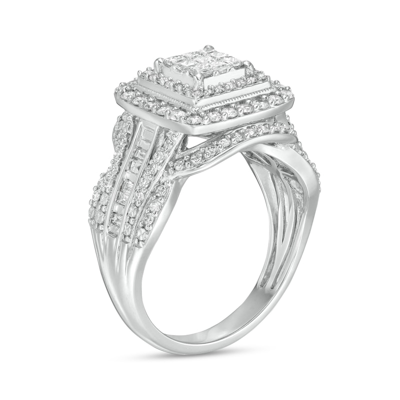 Main Image 3 of 1.00 CT. T.W. Composite Diamond Double Cushion-Shaped Frame Vintage-Style Engagement Ring in 10K White Gold