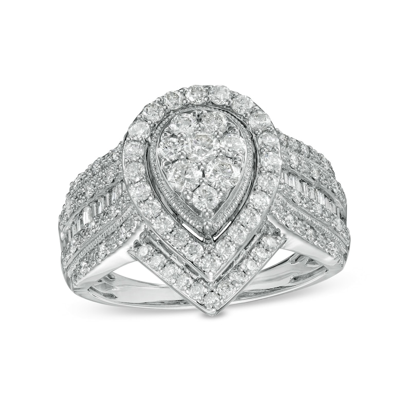 1.00 CT. T.W. Composite Pear-Shaped Diamond Frame Vintage-Style Multi-Row Engagement Ring in 10K White Gold