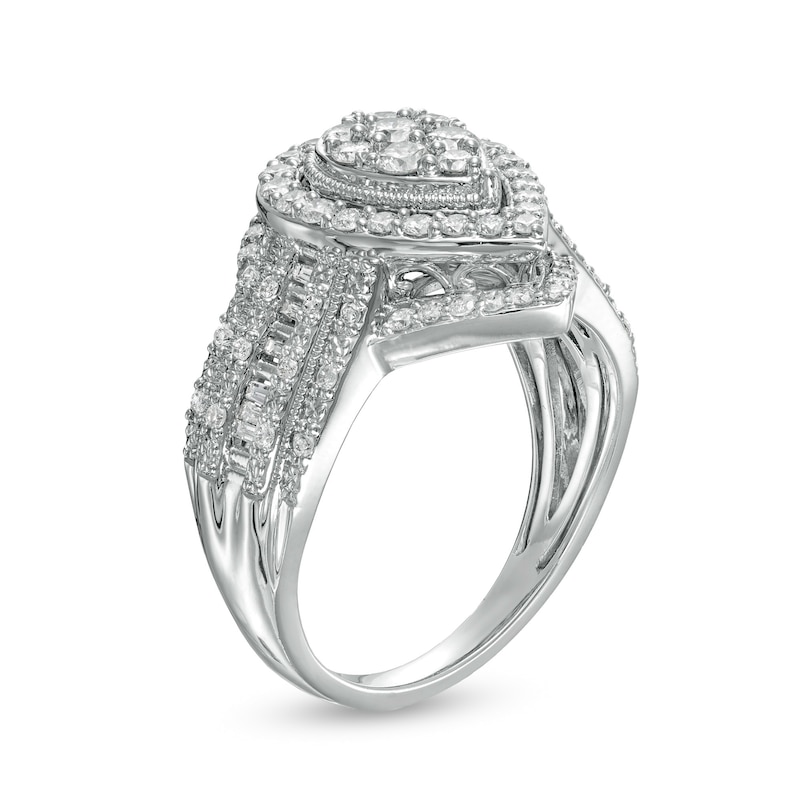 1.00 CT. T.W. Composite Pear-Shaped Diamond Frame Vintage-Style Multi-Row Engagement Ring in 10K White Gold